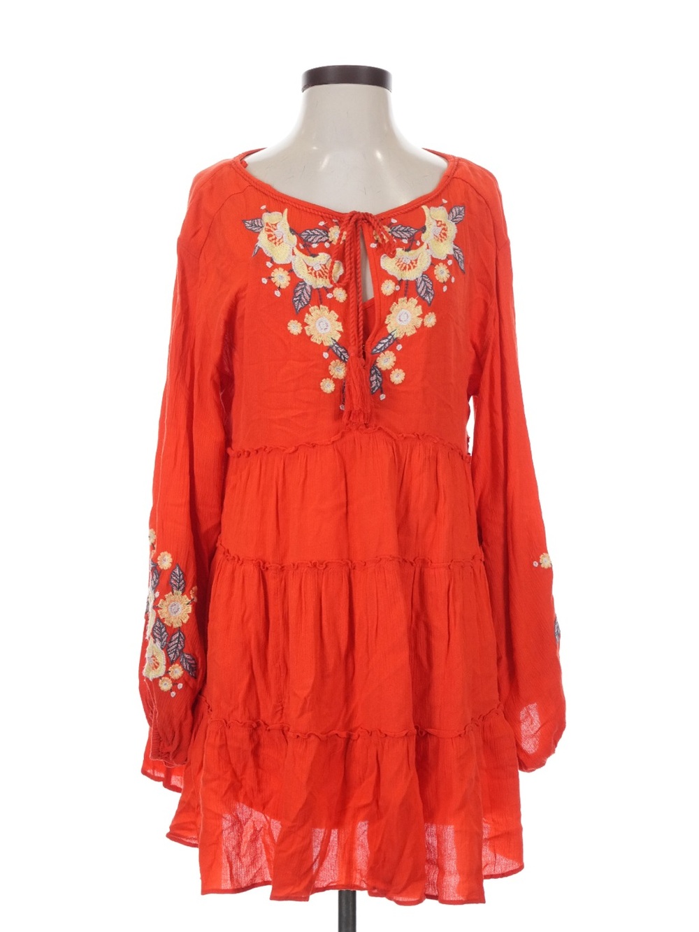 Free People Red-Orange Floral Embroidered Tiered Tunic